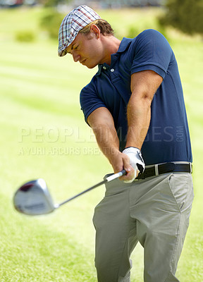 Buy stock photo Sports, swing and man playing golf on green grass, course or field with club for game, practice and training for competition. Professional golfer, athlete or person hitting ball for stroke or score