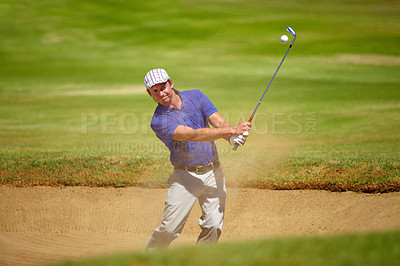 Buy stock photo Sports, sand and man on golf course with club for playing game, practice and training for competition. Professional golfer, grass and person swing with golfing driver for winning stroke or score