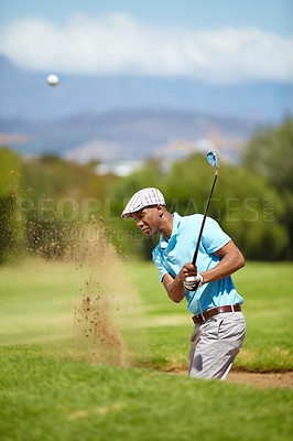 Buy stock photo Sports, golf and black man playing in sand in game, match and competition on golfing course. Recreation, hobby and focused male athlete with club driver on grass for training, fitness and practice