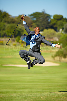 Buy stock photo Man, golf and jump for celebration, excited face or portrait for winning, achievement or goal outdoor. African businessman, golfer and corporate winner at sport pitch with suit, freedom or fitness