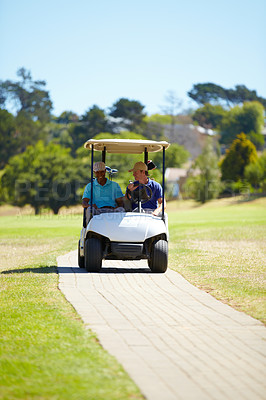Buy stock photo Man, friends and driving golf cart on course outdoor for sports match, golfing or exercise together. Male person, athlete or professional golfer riding to next pitch for easy transportation or game