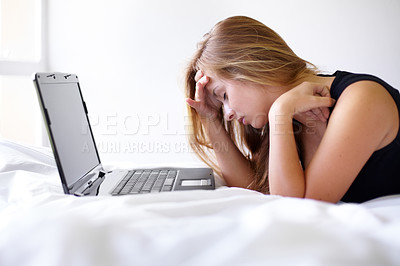 Buy stock photo Student woman, laptop and stress on bed with mistake for exam, assessment or test with online course. Girl, studying and education with computer in bedroom for elearning, 404 glitch and error in home