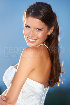 Buy stock photo Bride, wedding and portrait with happy smile for marriage, commitment and love event outdoor. Confidence, female person and marriage joy with celebration, bridal dress and garden with a ceremony