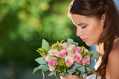 Buy stock photo Woman, smell and wedding rose bouquet with love, commitment and trust ceremony for marriage. Engagement, celebration and flowers for event in a park with a red floral plant and bride dress outdoor