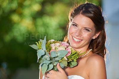 Buy stock photo Woman, portrait and wedding rose bouquet with love, commitment and trust ceremony for marriage. Happy, celebration and flowers for event in a park with a floral plant and bride dress outdoor