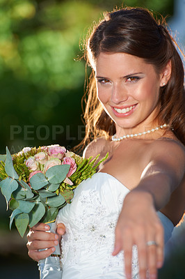 Buy stock photo Bride, ring portrait and smile outdoor for love, wedding and celebration ceremony with confidence. Jewelry, woman and happy from future marriage, romance and formal event in a garden with a dress