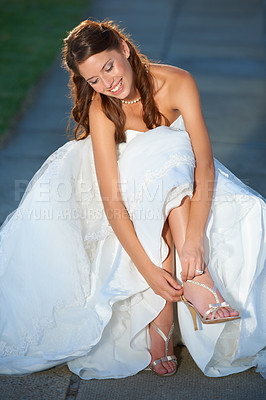 Buy stock photo Woman, wedding and feet with bride, shoes and high heels outdoor with smile and dress for celebration. Person, designer footwear and elegance in nature for ceremony, event or happy and joy in summer