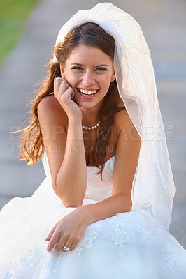 Buy stock photo Bride, woman and portrait with smile for wedding, ceremony or celebration outdoor in nature for commitment. Marriage, person and face with dress, joy or happy for event, unity and romance in park