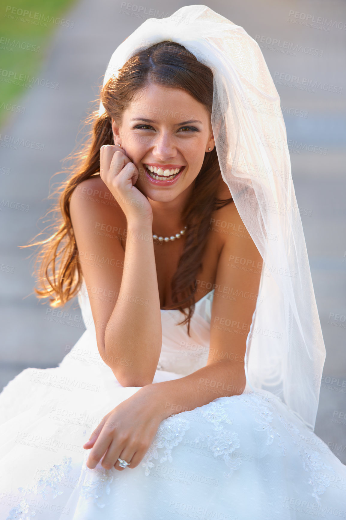 Buy stock photo Bride, woman and portrait with smile for wedding, ceremony or celebration outdoor in nature for commitment. Marriage, person and face with dress, joy or happy for event, unity and romance in park