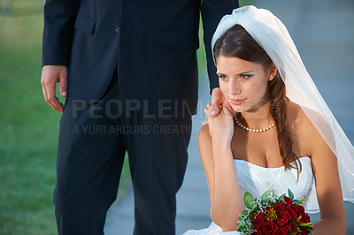 Buy stock photo Wedding, couple and woman with bride, holding hands and bouquet outdoor with suit and formal event. Love, commitment and ceremony with celebration, union and bridal dress with roses and loyalty