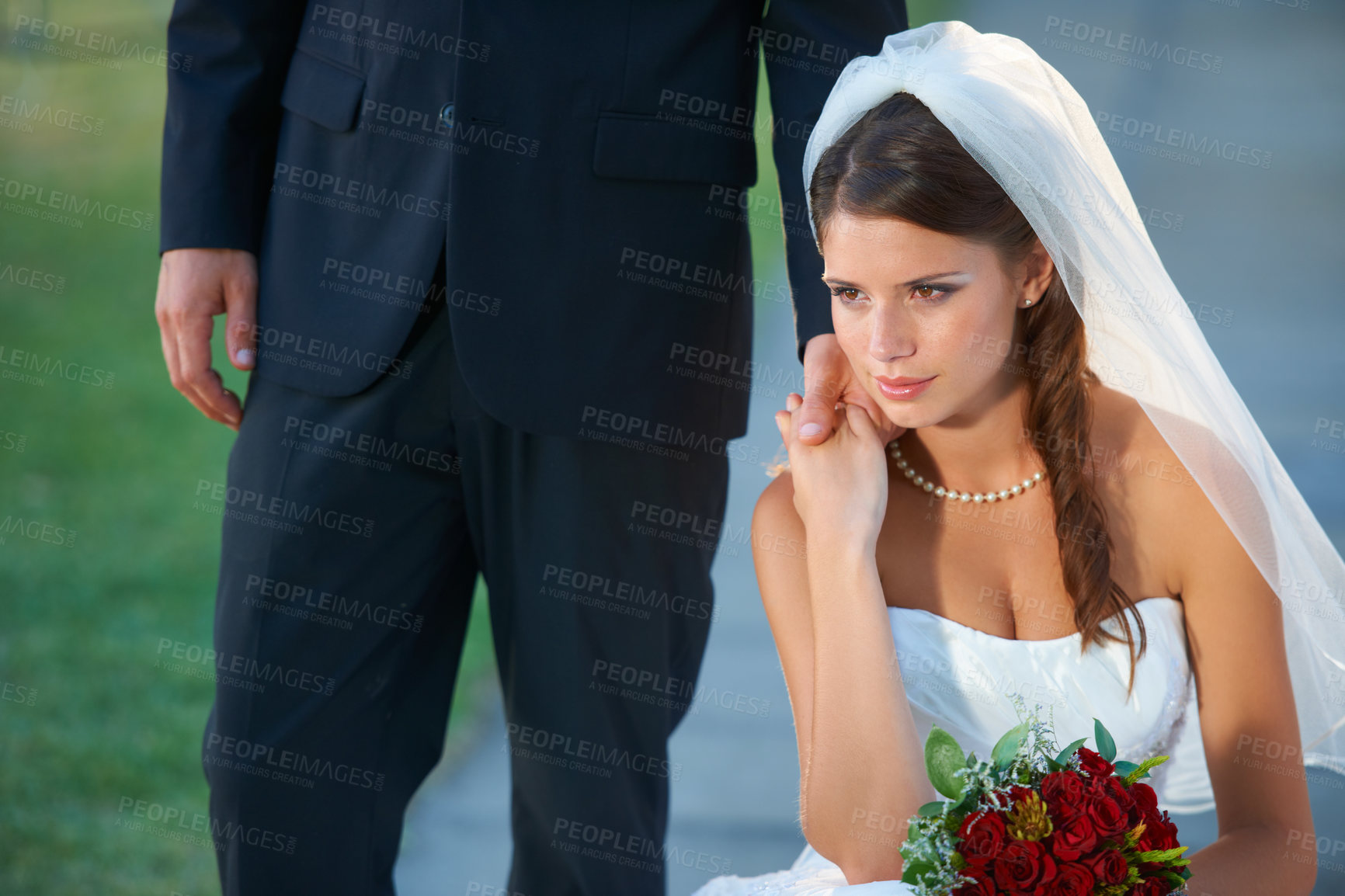 Buy stock photo Wedding, couple and woman with bride, holding hands and bouquet outdoor with suit and formal event. Love, commitment and ceremony with celebration, union and bridal dress with roses and loyalty