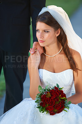 Buy stock photo Woman, bride and roses while holding hands with groom in wedding dress, marriage or commitment in outdoor love together. Attractive female person or fiance getting married at bridal event or ceremony