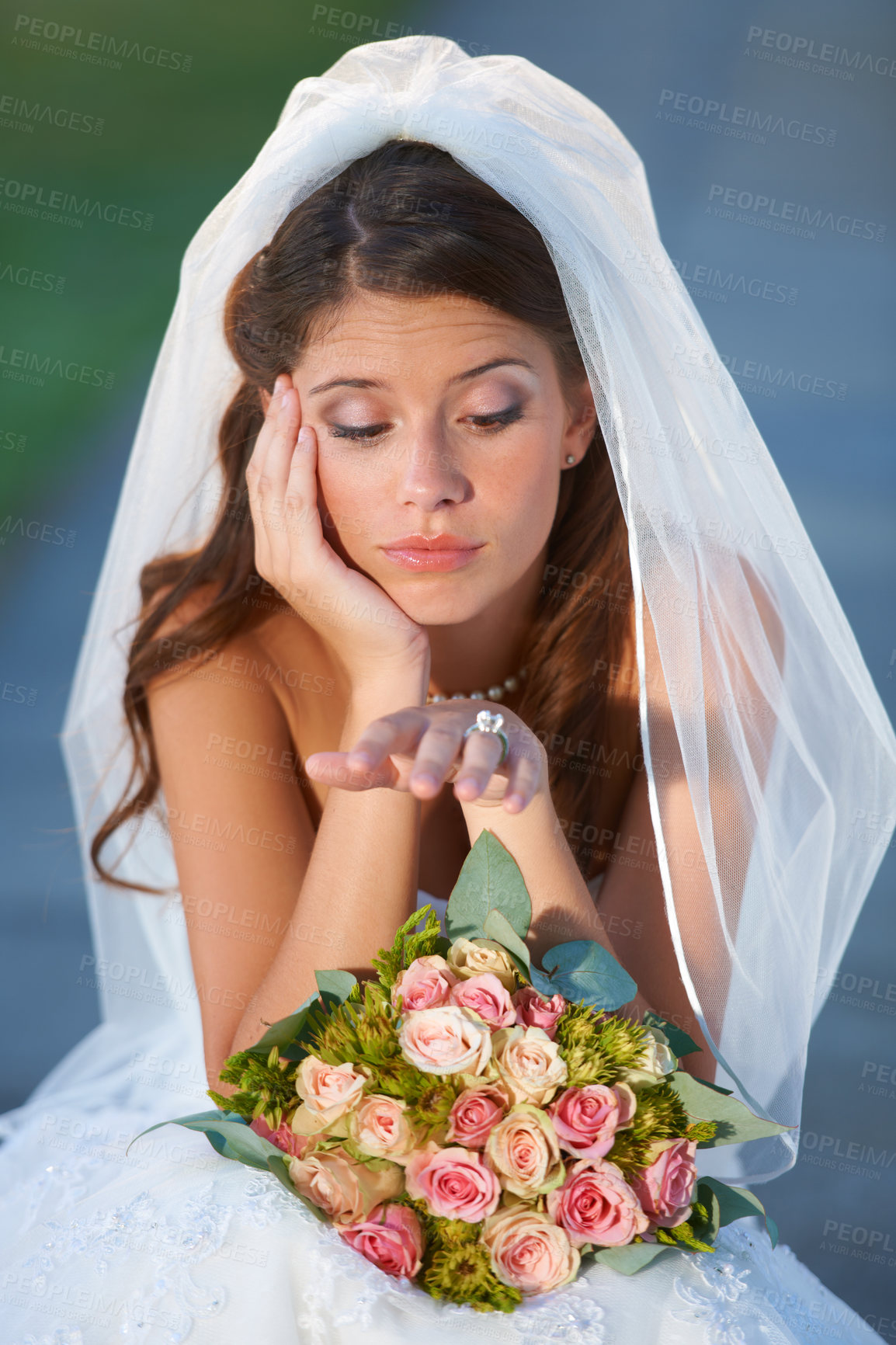 Buy stock photo Nervous, bride and wedding woman with ring outside with confused, bored and grumpy face. Bouquet of flowers, moody and young person in luxury, elegant and white bridal gown for marriage ceremony.