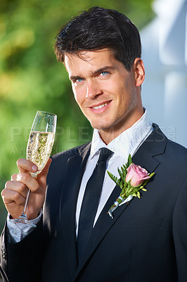 Buy stock photo Happy man, portrait and glass of champagne at wedding of groom in toast, celebration or speech at outdoor ceremony. Face of handsome, attractive or married male person with alcohol or sparkling drink