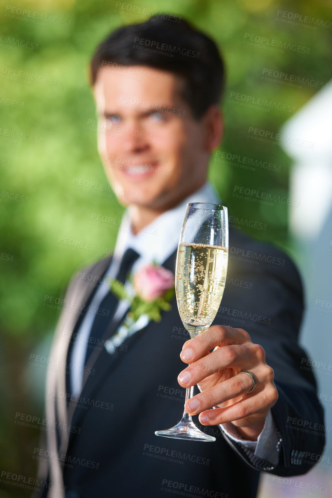 Buy stock photo Wedding, toast and groom with glass of champagne for romantic celebration, party or event. Cheers, alcohol and young man in a suit with sparkling wine at luxury, elegant and fancy marriage ceremony.