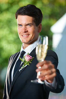 Buy stock photo Wedding, cheers and groom with portrait of champagne for romantic celebration, party or event. Toast, alcohol and young man in suit with sparkling wine at luxury, elegant and fancy marriage ceremony.