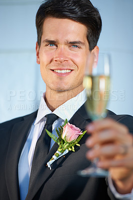 Buy stock photo Wedding, toast and groom with portrait of champagne for romantic celebration, party or event. Cheers, alcohol and young man in suit with sparkling wine at luxury, elegant and fancy marriage ceremony.