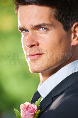 Buy stock photo Handsome, wedding and portrait of young groom in suit with flower for a classy, elegant and luxury event. Serious, attractive and face of man from Canada at marriage ceremony or party for commitment.