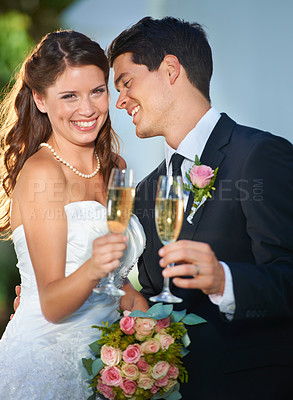 Buy stock photo Champagne, wedding and portrait of bride and groom ay a classy, elegant and luxury wedding event. Happy, smile and young woman and man with sparkling wine marriage ceremony or party for commitment.