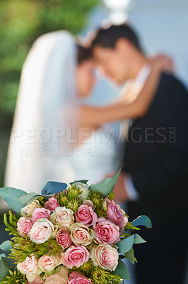 Buy stock photo Flower, bouquet and couple with hug at wedding for love, smile and commitment at garden reception. Roses, happy woman and man embrace at marriage celebration event, partnership or future together