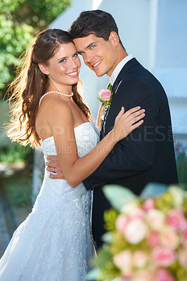 Buy stock photo Happy couple, portrait and hug at outdoor wedding for marriage, love or support together in commitment. Married man hugging woman in romance, affection or embrace for trust, loyalty or honeymoon
