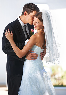 Buy stock photo Wedding, couple hug and woman with bride, happy smile and together outdoor with suit and formal event. Love, commitment and ceremony with celebration, union and bridal dress with marriage and loyalty