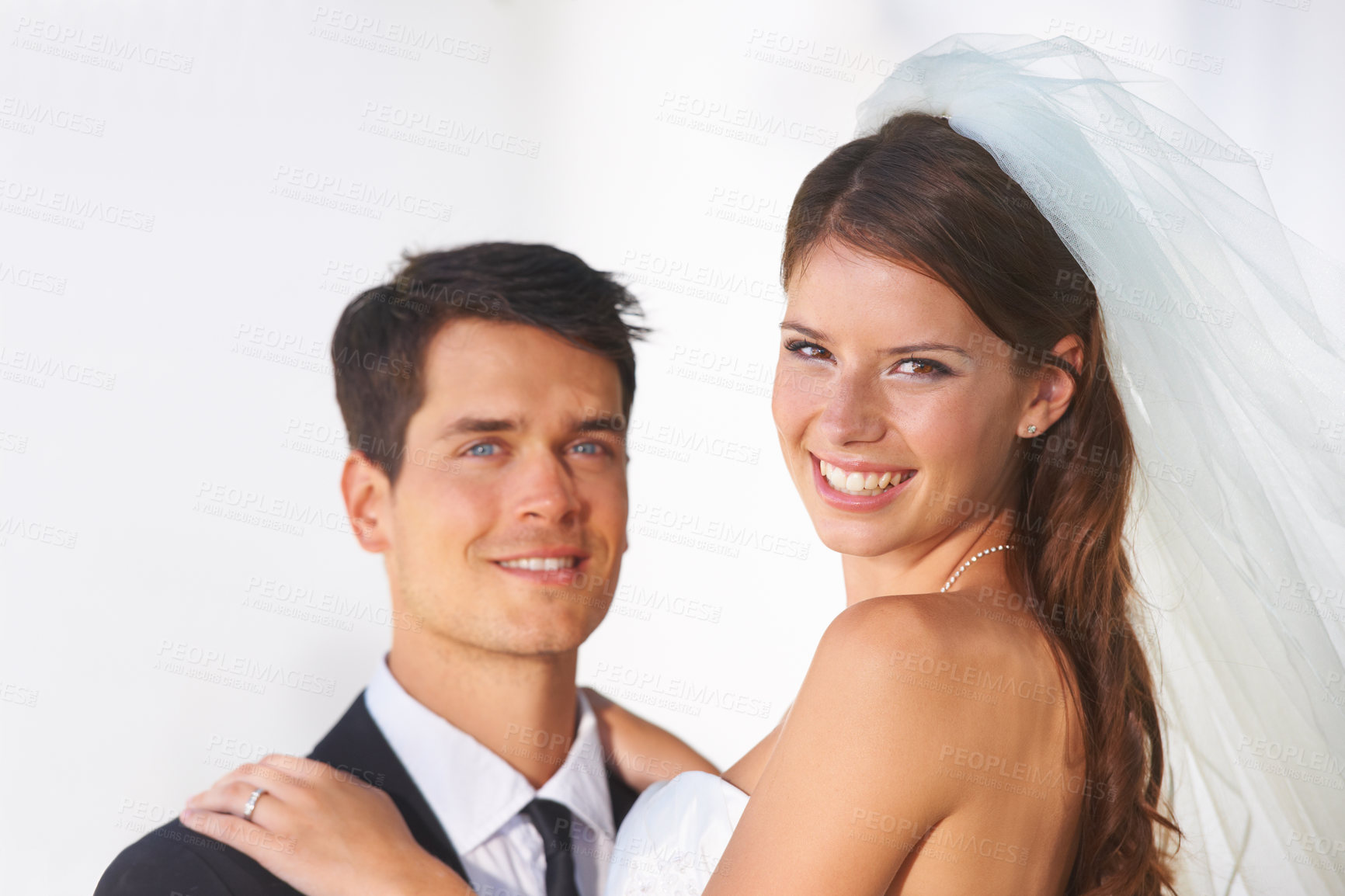 Buy stock photo Wedding, couple and woman portrait with bride smile, marriage and bouquet outdoor with suit and event. Love, commitment and ceremony with celebration, union and bridal dress with roses and loyalty