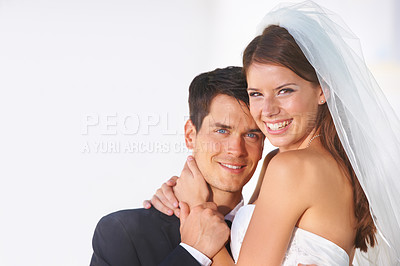 Buy stock photo Wedding, couple portrait and smile with bride, hug and woman outdoor with suit and formal event. Love, commitment and ceremony with celebration, union and bridal dress with marriage and loyalty