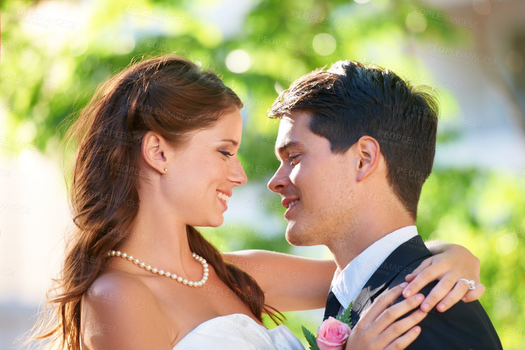Buy stock photo Happy couple, wedding and hug for love, marriage or affection together in outdoor nature. Married man and woman or newlyweds hugging, smile or support for romantic honeymoon, embrace or commitment