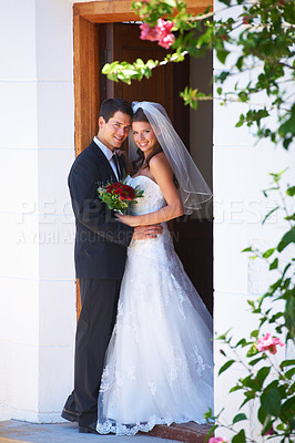 Buy stock photo Happy couple, portrait and hug at wedding for marriage, love or honeymoon in commitment together. Married man or groom hugging woman or bride smile in embrace, loyalty or support in trust at ceremony