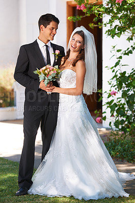 Buy stock photo Happy couple, wedding and smile with roses for marriage, love or outdoor commitment together. Married woman, bride or groom with bouquet of flowers in romance or honeymoon at bridal event or ceremony