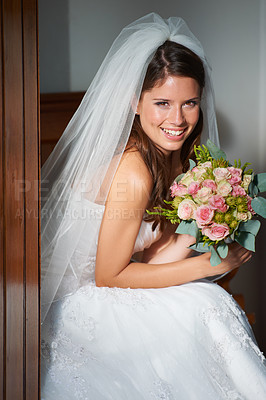 Buy stock photo Bride, wedding and bouquet portrait with happy smile for marriage, commitment and love event outdoor. Confidence, female person and marriage with celebration, bridal dress and garden with ceremony