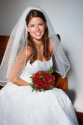 Buy stock photo Bride, wedding and woman portrait with smile for marriage, commitment and love event outdoor. Confidence, happy female person and married with celebration, bridal dress and garden with a ceremony