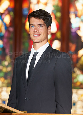 Buy stock photo Groom, man and portrait with smile or waiting in church, stained glass or ceremony with classy suit. Marriage, person and face with happy for wedding, commitment or union with formal wear and joy