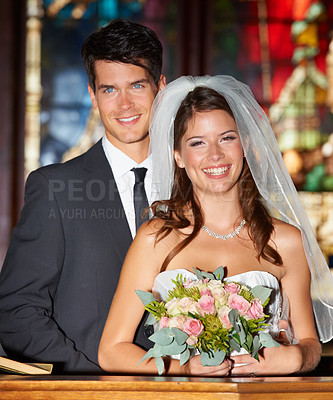 Buy stock photo Happy couple, wedding and flowers at church for love, marriage or commitment together at ceremony. Married man and woman smile with bouquet of roses and bridal dress for relationship or celebration