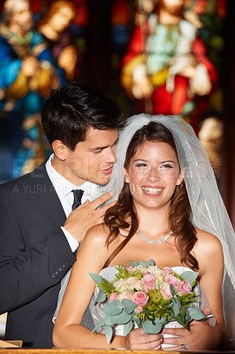 Buy stock photo Happy couple, wedding and flowers at church for marriage, love or commitment together at ceremony. Married man and woman smile with bouquet of roses and bridal dress for relationship or celebration