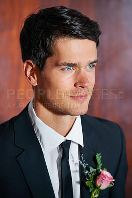 Buy stock photo Happy, wedding and young groom in a suit with a flower for a classy, elegant and luxury event. Smile, handsome and face of confident man from Canada at marriage ceremony or party for commitment.
