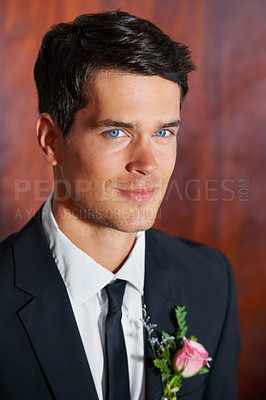 Buy stock photo Smile, wedding and portrait of young groom in a suit with a flower for a classy, elegant and luxury event. Happy, handsome and face of man from Canada at marriage ceremony or party for commitment.