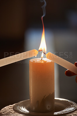 Buy stock photo Cropped closeup shot of a couple lighting candles during their wedding ceremony