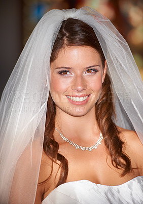 Buy stock photo Happy woman, face and bride smile for wedding day, marriage or commitment at indoor church. Attractive female person, wife or fiance getting married with stylish veil in beauty at bridal ceremony