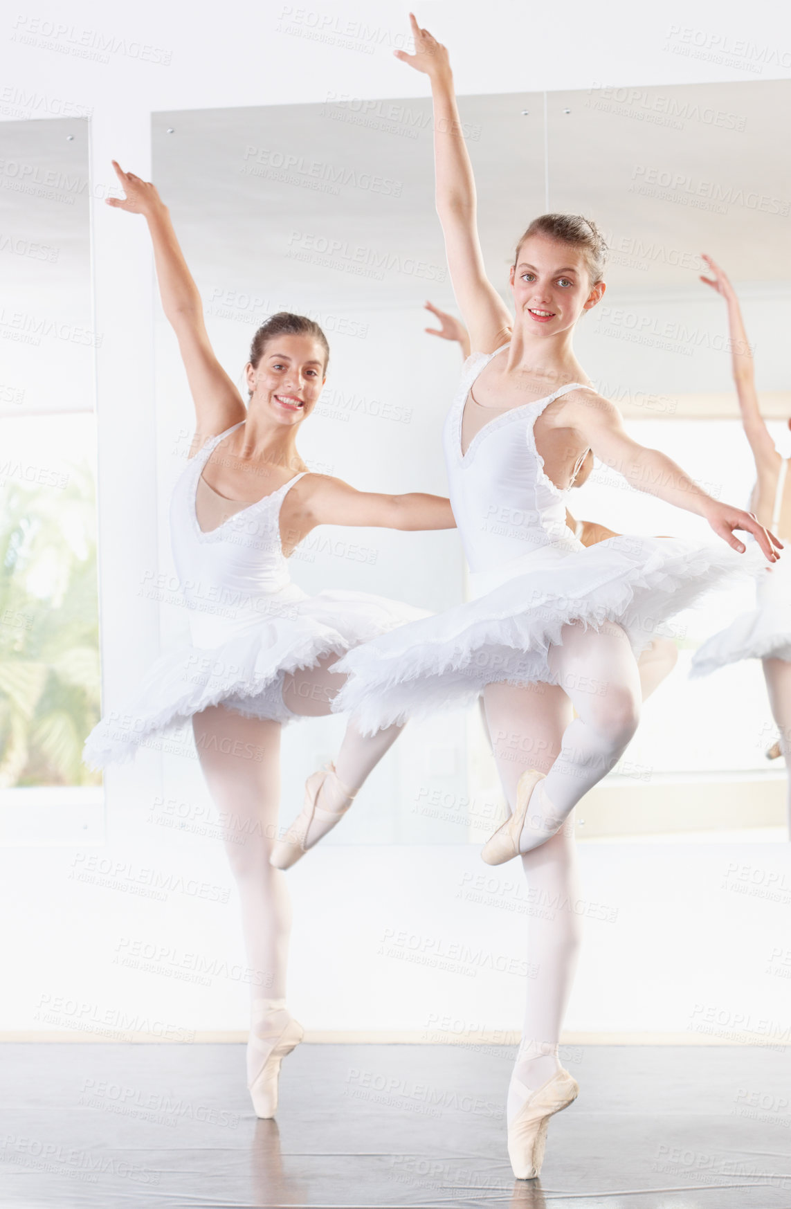 Buy stock photo Portrait, dancing and students in ballet studio with pose, balance and performance class for teenager. Smile, art and young ballerina dancer with pride, confidence and creativity at learning academy.