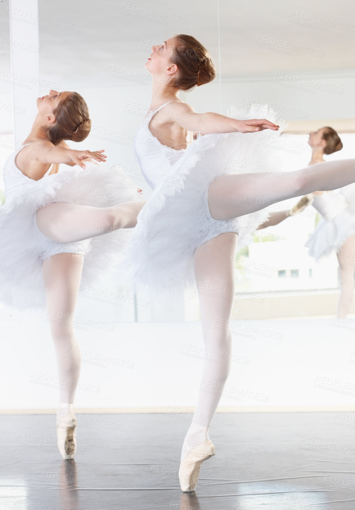 Buy stock photo Mirror, dance and students in ballet studio with pose, balance and performance class for teenager. Movement, art and young ballerina friends with pride, confidence and creativity at learning academy.