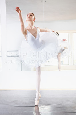 Buy stock photo Art, dance and teen student in ballet studio with pose, balance and performance class for teenager. Movement, talent and young ballerina dancer with pride, confidence and creative at learning academy