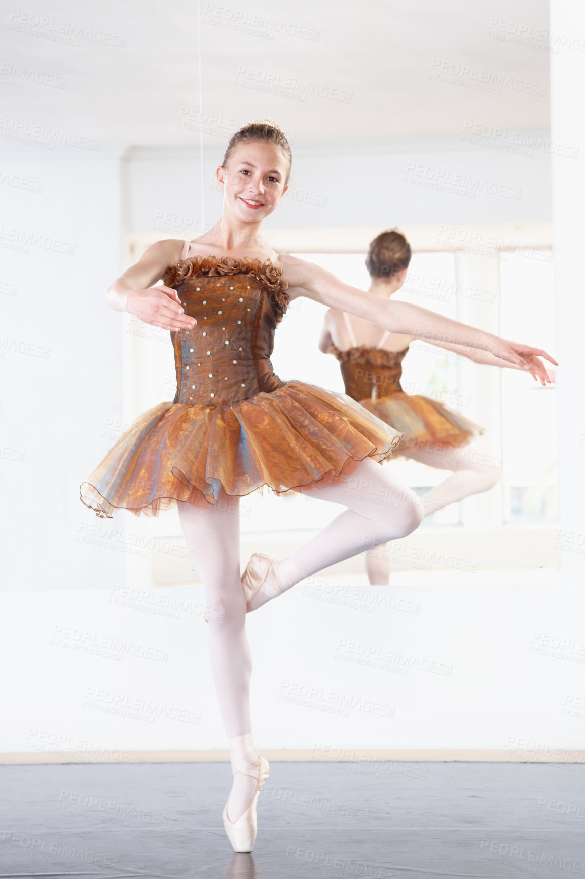 Buy stock photo Portrait, girl and teen in ballet studio with pose, balance and performance class for happy teenager. Smile, talent and young ballerina dancer with pride, confidence and creative at learning academy.