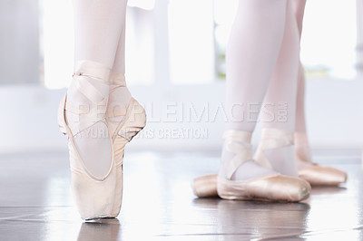 Buy stock photo Ballet, closeup of shoes and dancing class with balance, ballerina dancer in rehearsal and training for performance. Dance lesson at academy, fitness and creative people with talent in studio