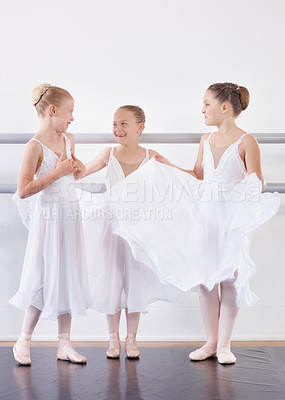Buy stock photo Kids, dance and students in ballet studio with conversation, balance and performance class for children. Smile, talent and young ballerina girl friends with art, chat and group at learning academy.