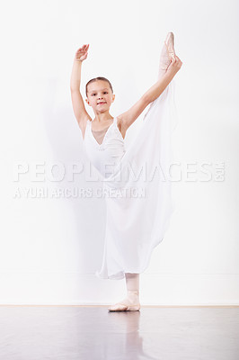 Buy stock photo Portrait, stretching and girl in ballet studio with pose, balance and modern dance class. Performance, talent and young ballerina dancer with pride, confidence and creative child at learning academy.
