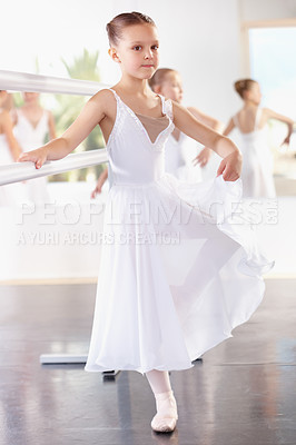 Buy stock photo Young girl, ballerina and ballet training with dancer at academy, practice dancing at studio. Female child learning to dance in lesson, creativity with fitness and balance, focus and concentration