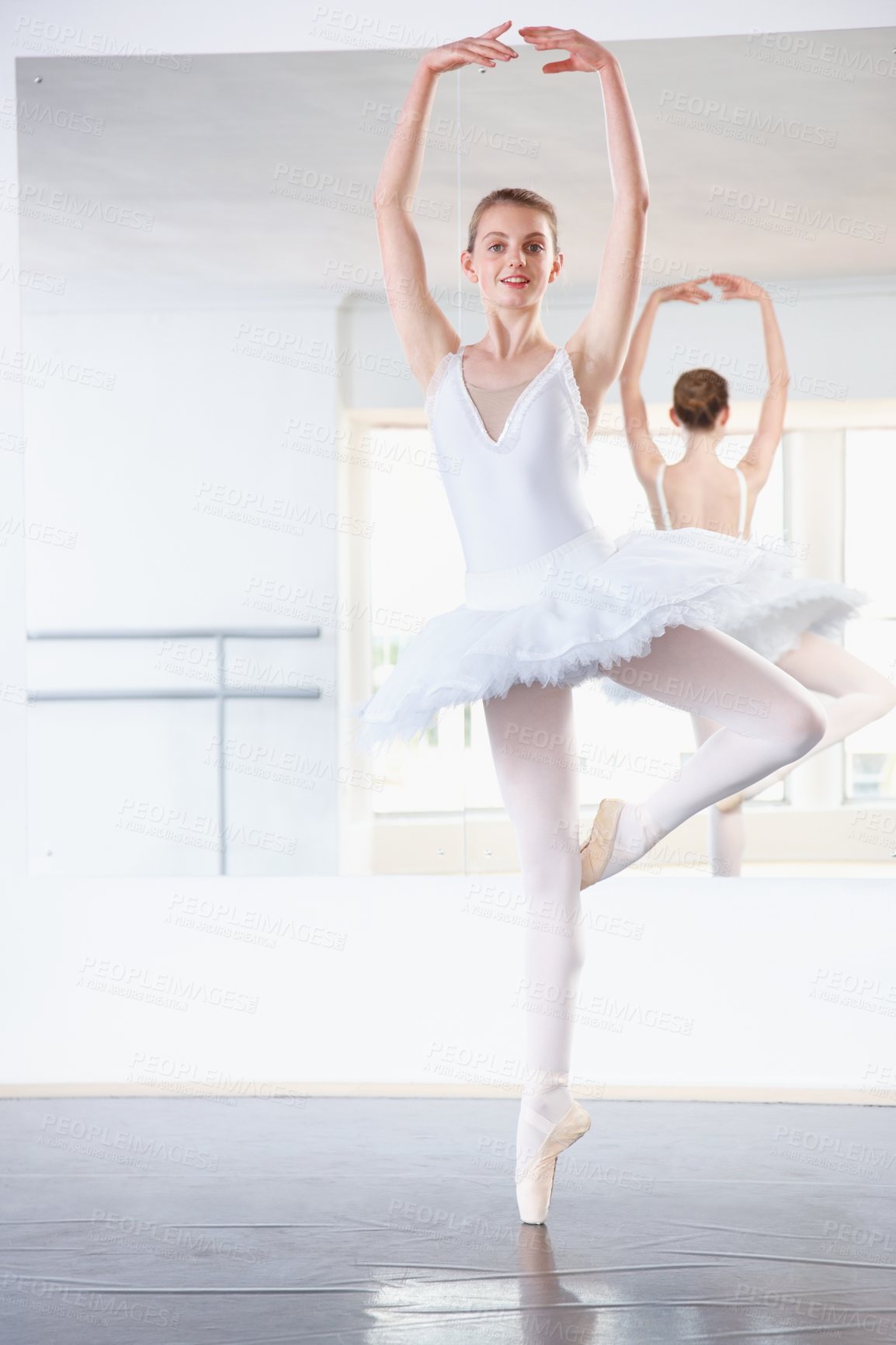 Buy stock photo Art, pose and teen student in ballet studio with portrait, balance and performance class for happy teenager. Movement, talent and young ballerina dancer with pride, confidence and creative at academy
