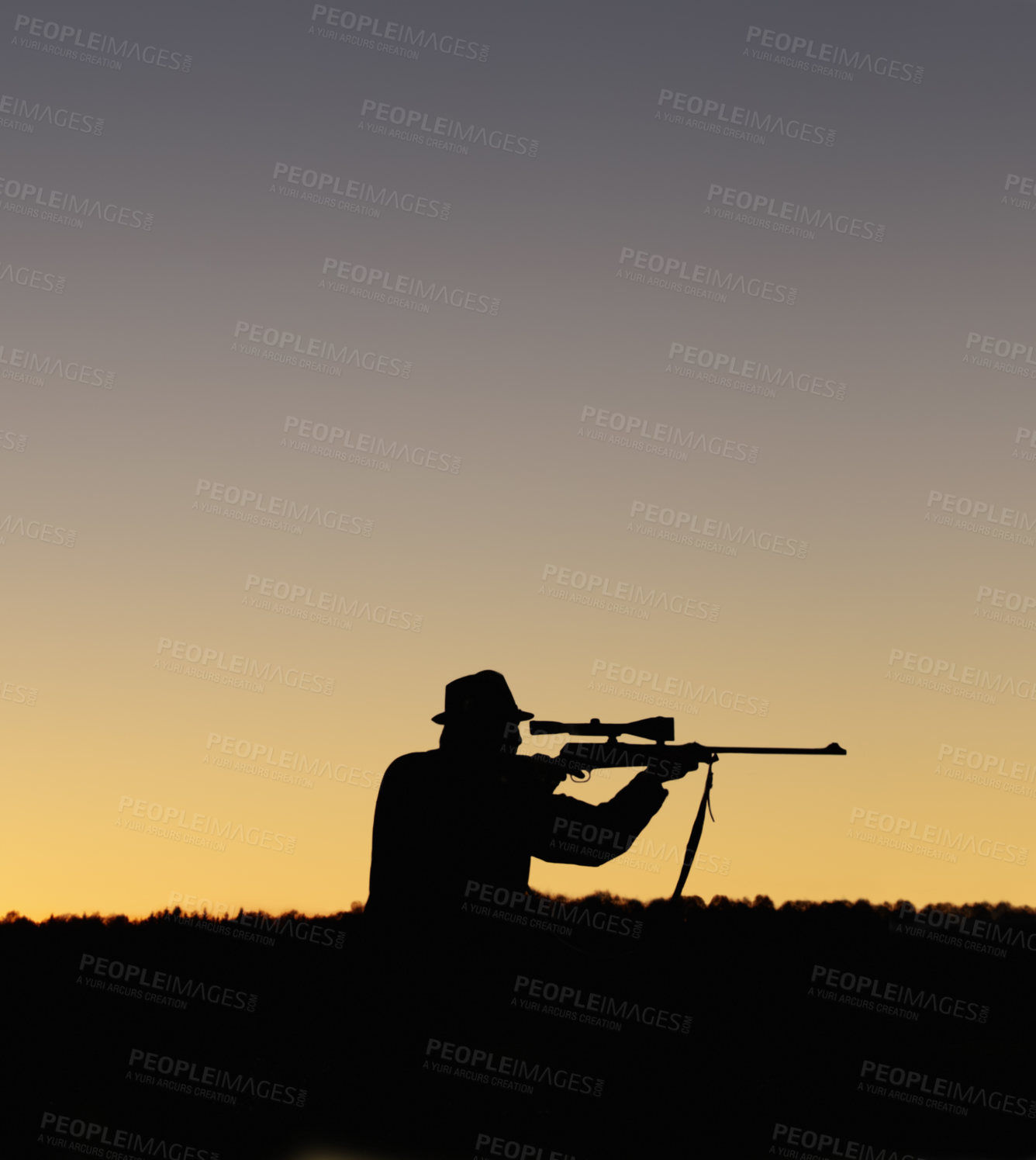 Buy stock photo A silhouette of a man in the outdoors holding up his sniper rifle